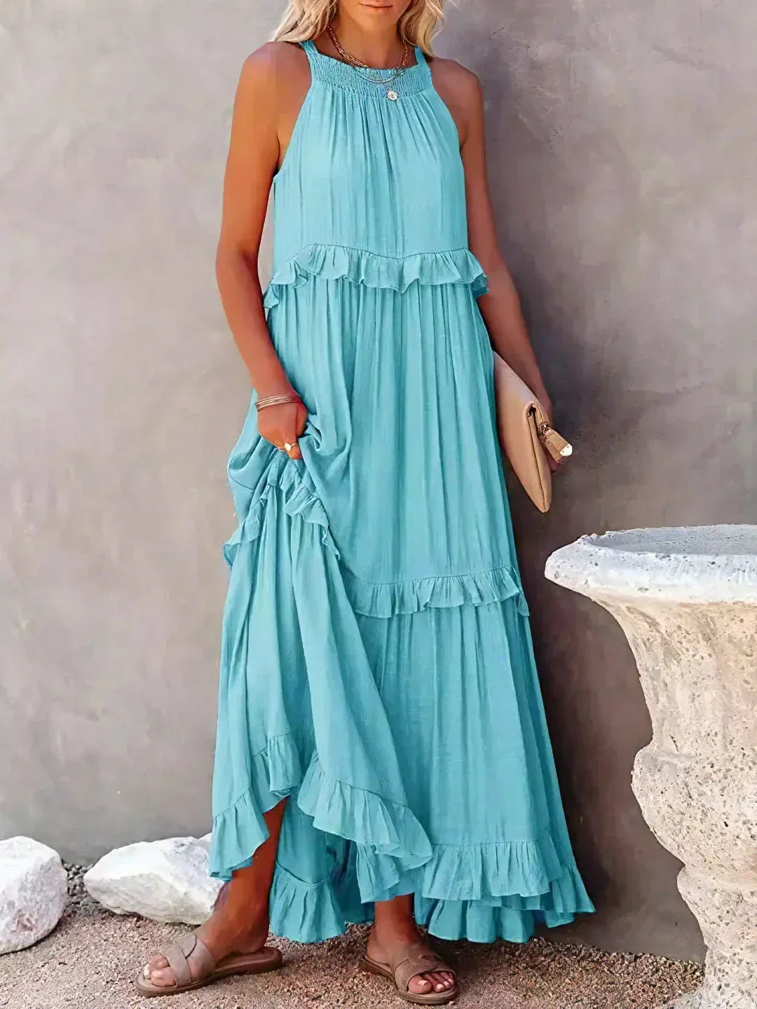 Maxi jurk met ruches | Halterhals | Mouwloos | Soepelvallende Jurk | Maxi Zondress-Hallo Susanne