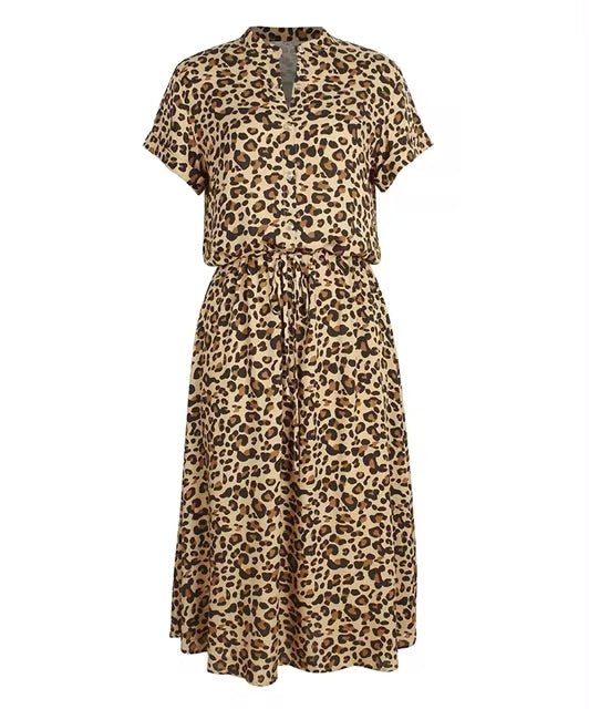 Midi-jurk - Zomerse jurk met korte mouwen, strikceintuur en luipaardprint voor dames-Hallo Susanne