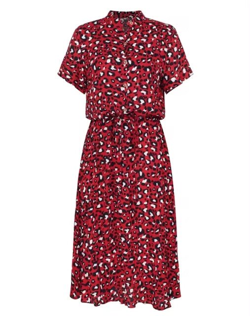 Midi-jurk - Zomerse jurk met korte mouwen, strikceintuur en luipaardprint voor dames-Hallo Susanne