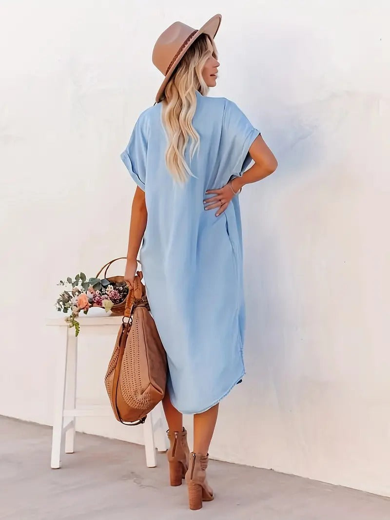 Overhemdjurk - Denim - Los model - Button-Up Jurk - Midi Jurk-Hallo Susanne