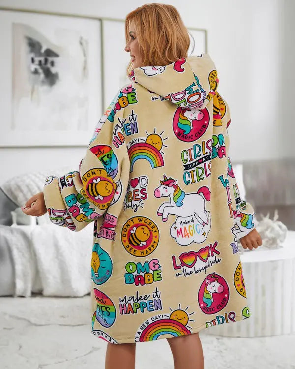 Oversized Hoodie jurk - Vrouwencomfy hoodie met cartoonprint-Hallo Susanne