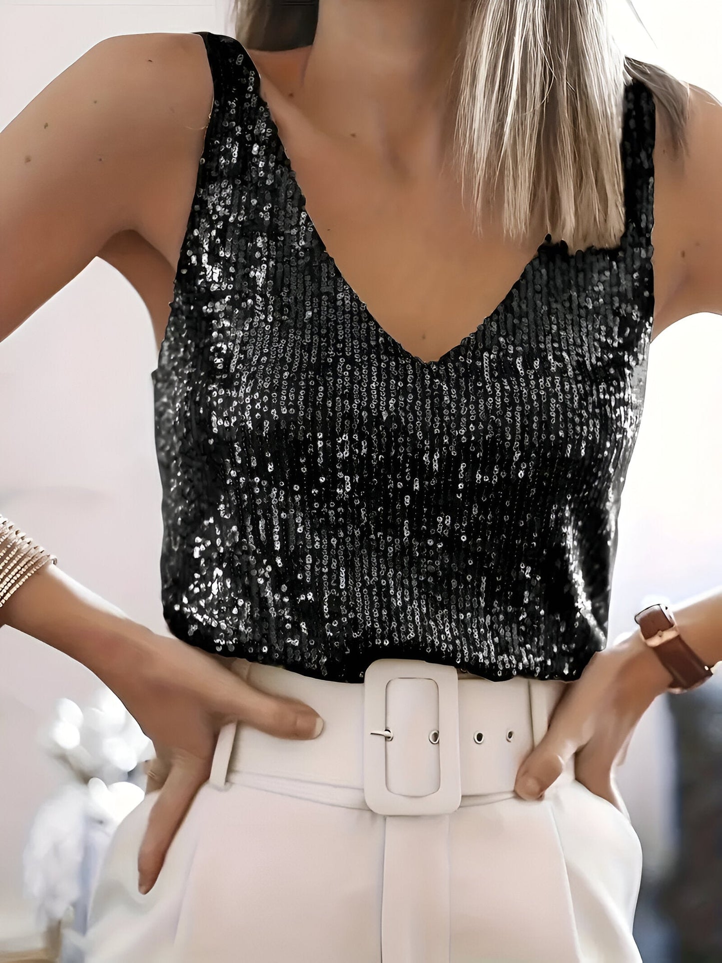 Pailletten Top - Dames Mouwloze V-Hals Glitter Party Top-Hallo Susanne