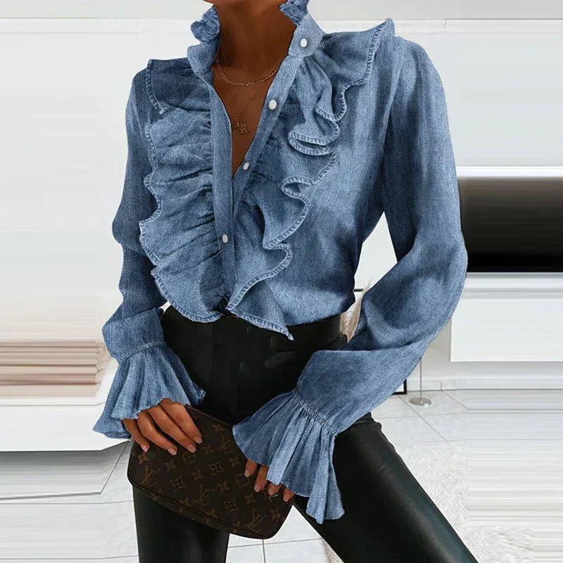 Ruchesblouse | Lange mouwen | Knoopsluiting | V-halsblouse | Chiffonblouse-Hallo Susanne