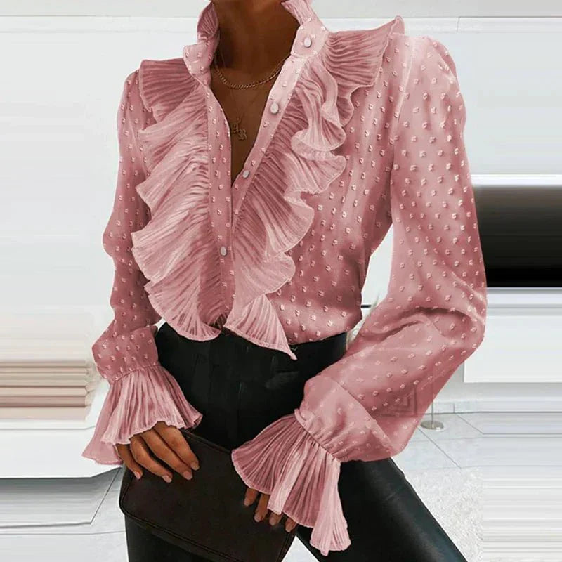 Ruchesblouse | Lange mouwen | Knoopsluiting | V-halsblouse | Chiffonblouse-Hallo Susanne