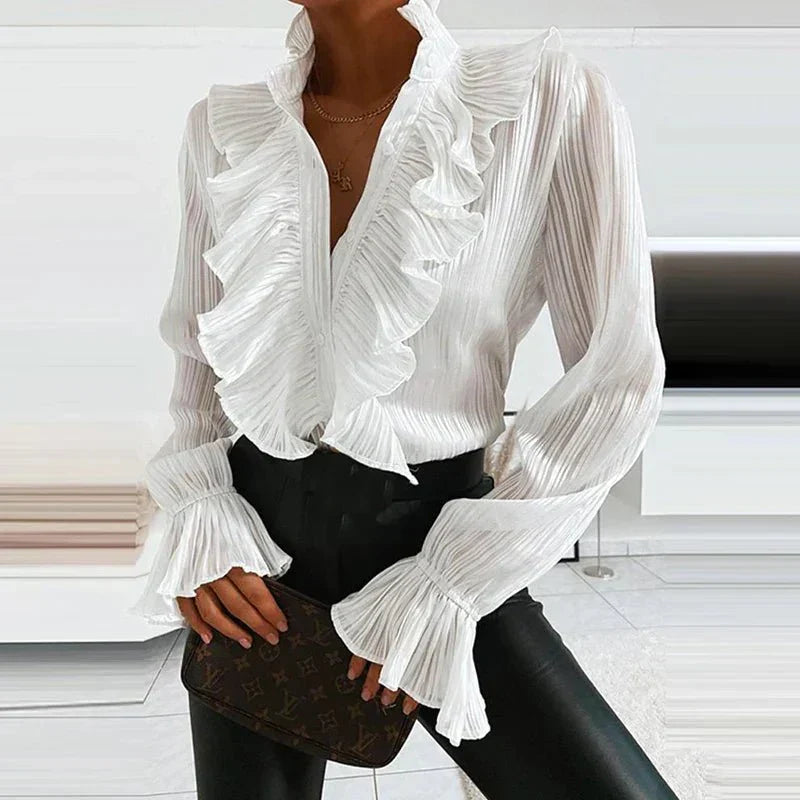 Ruchesblouse | Lange mouwen | Knoopsluiting | V-halsblouse | Chiffonblouse-Hallo Susanne
