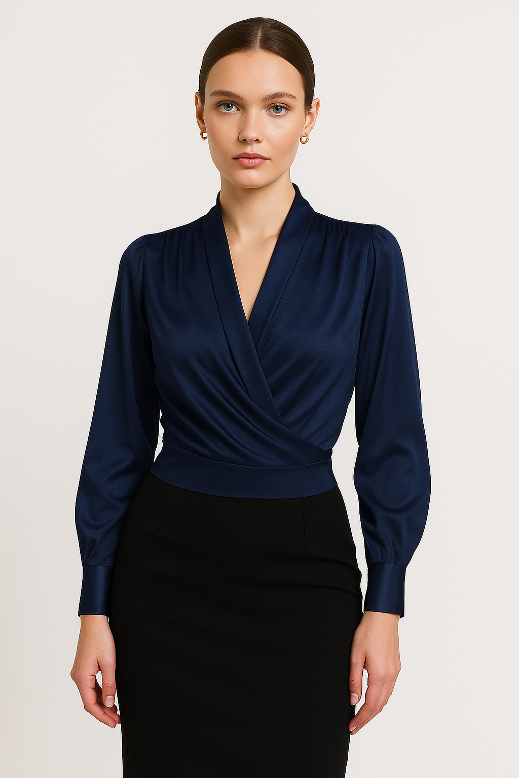 Satijnen blouse - lange mouwen - V-hals - satijnen overhemd - damesblouse-Hallo Susanne