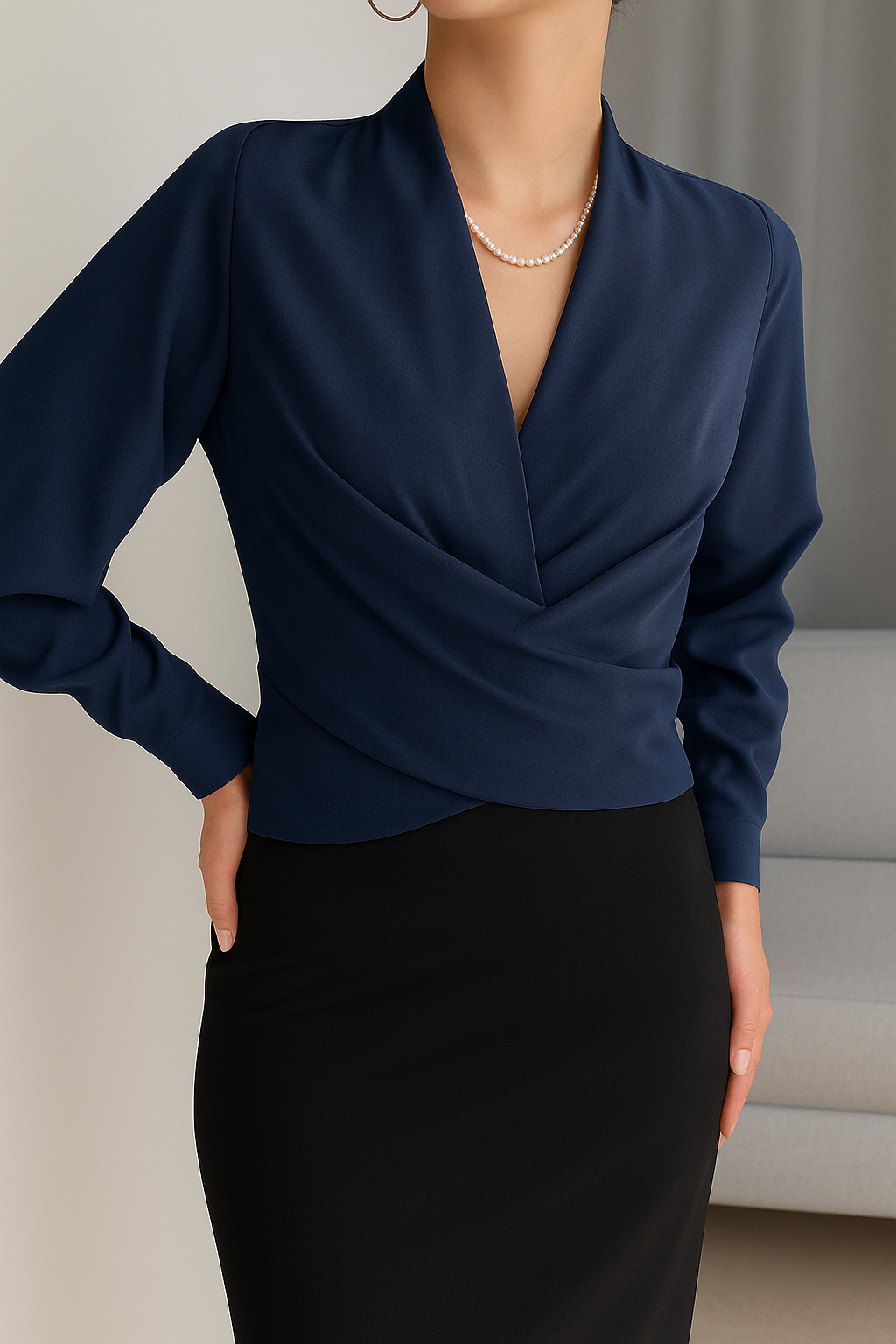 Satijnen blouse - lange mouwen - V-hals - satijnen overhemd - damesblouse-Hallo Susanne