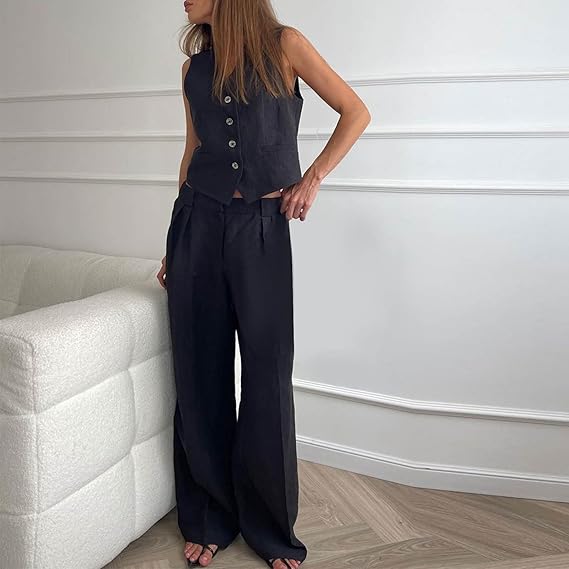 Set met broek en vest | Mouwloos | Broek met wijde pijpen | Tweedelige Set | Vrouwenset-Hallo Susanne