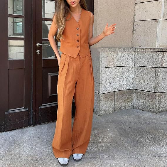 Set met broek en vest | Mouwloos | Broek met wijde pijpen | Tweedelige Set | Vrouwenset-Hallo Susanne