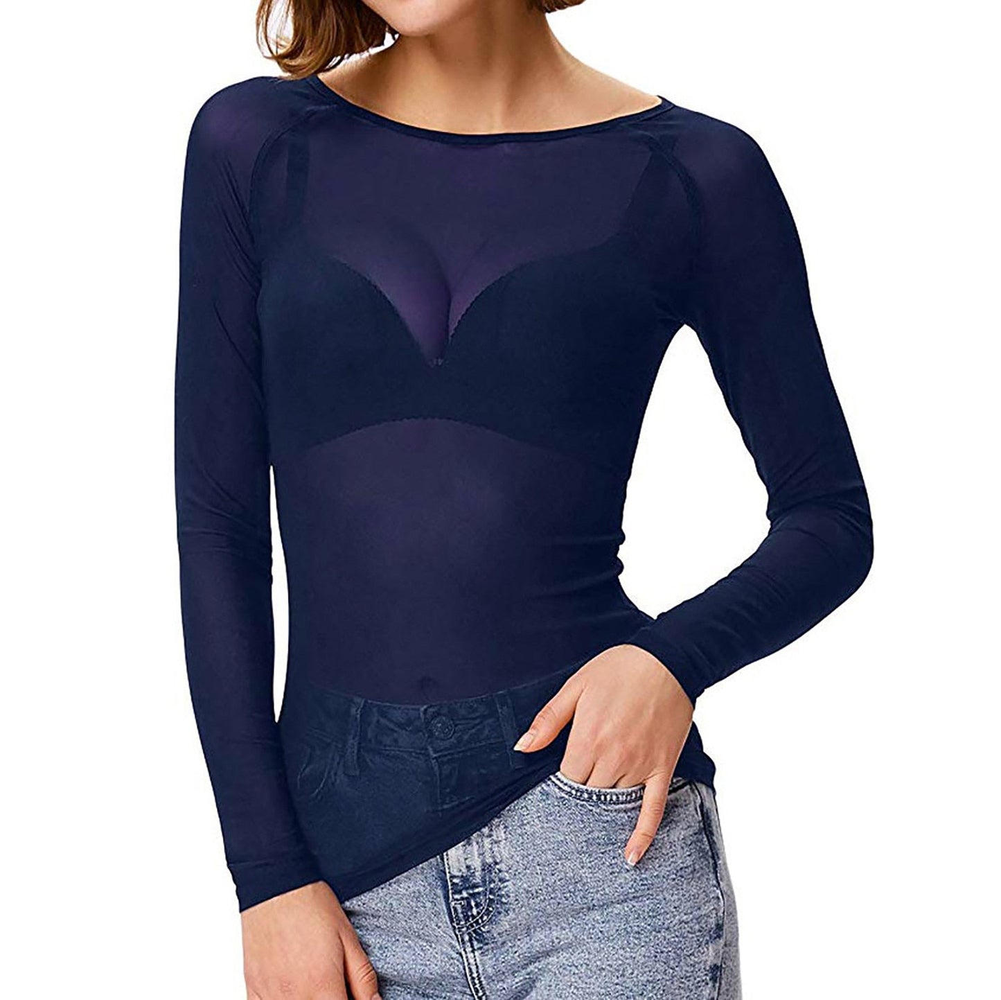 Sheer Top met lange mouwen - Zwart - Wit - Mesh Top met lange mouwen - Dameskleding-Hallo Susanne