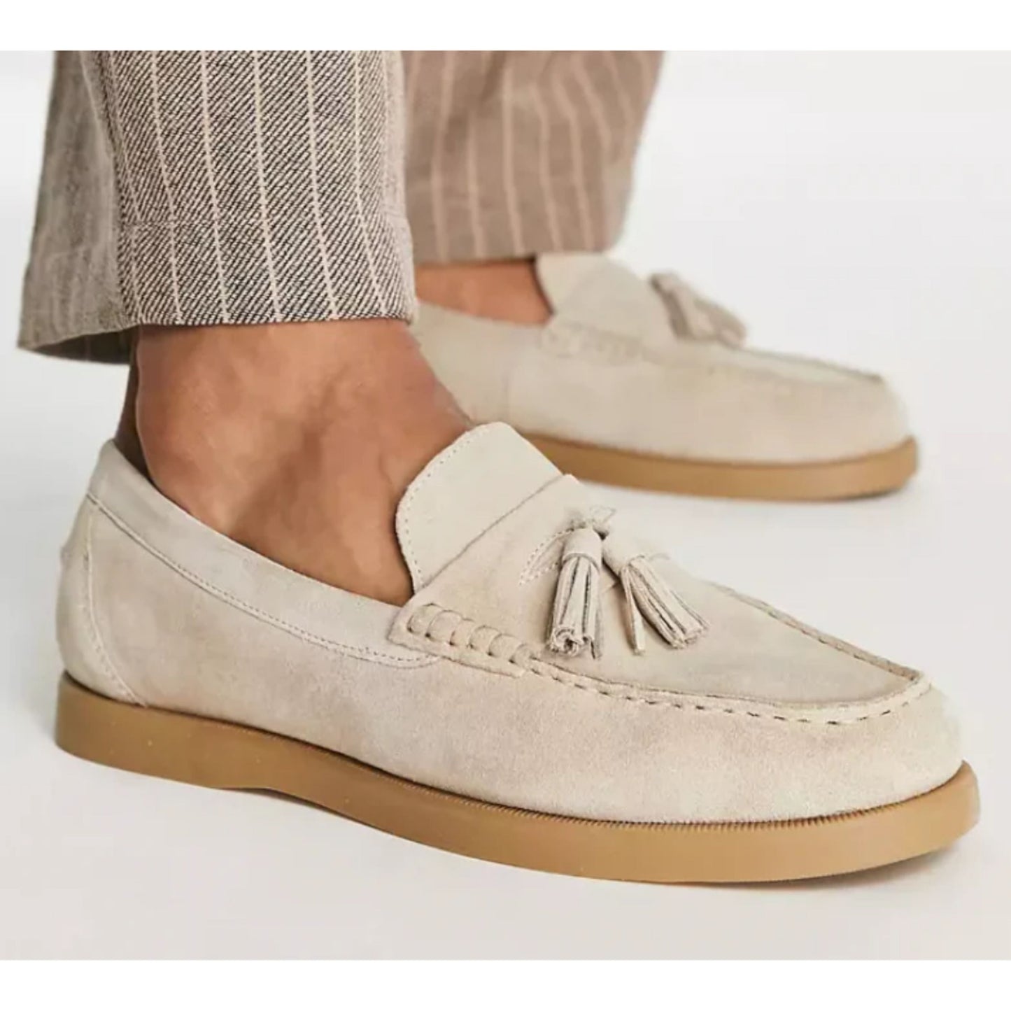 Suède Loafers - Slipvaste Beige Tassel Loafer Schoenen voor heren-Hallo Susanne