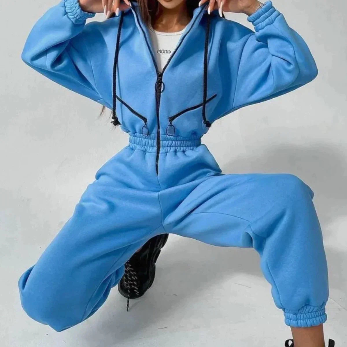 Sweatsuit | Met capuchon | Gerimpelde taille | Casual jumpsuit | Jumpsuit voor dames-Hallo Susanne