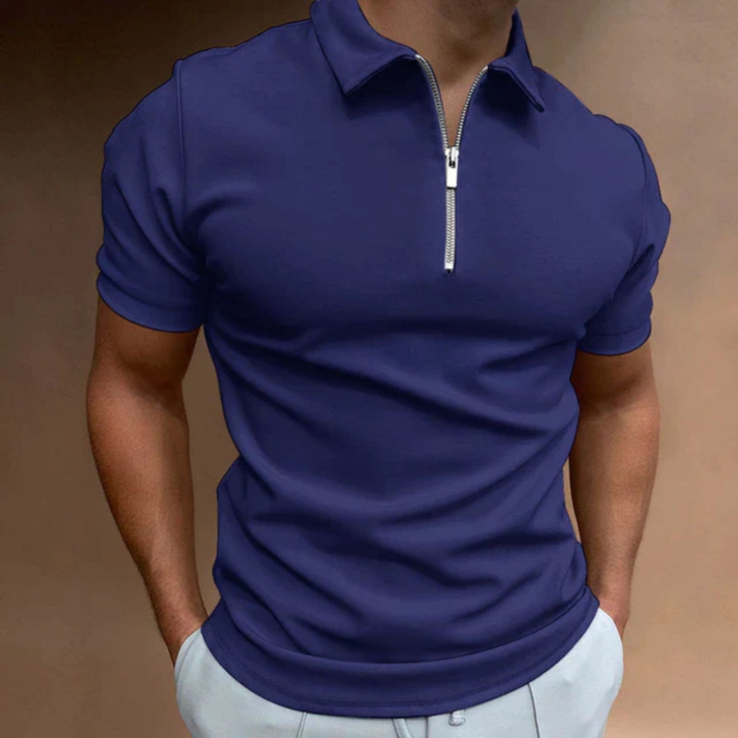 T-shirt met kraag | Kwartronde ritssluiting | Korte mouwen | Poloshirt met rits | Herenpoloshirts-Hallo Susanne