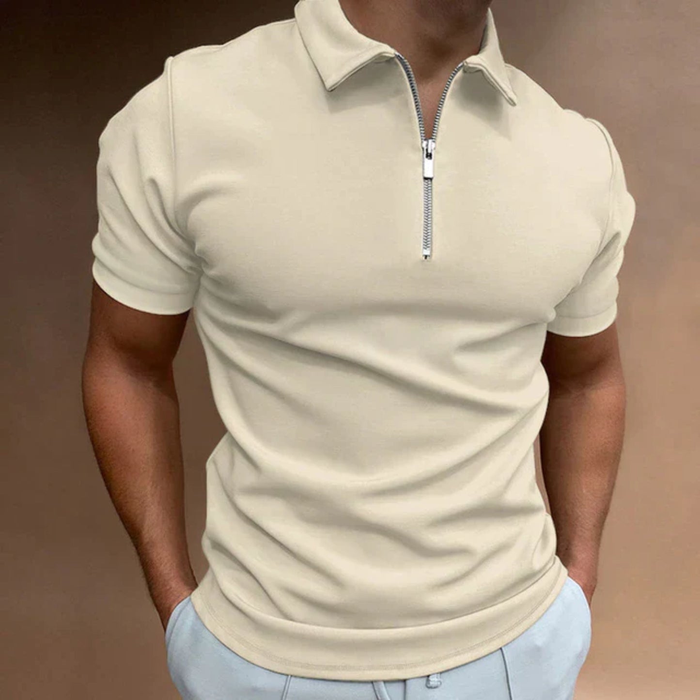 T-shirt met kraag | Kwartronde ritssluiting | Korte mouwen | Poloshirt met rits | Herenpoloshirts-Hallo Susanne
