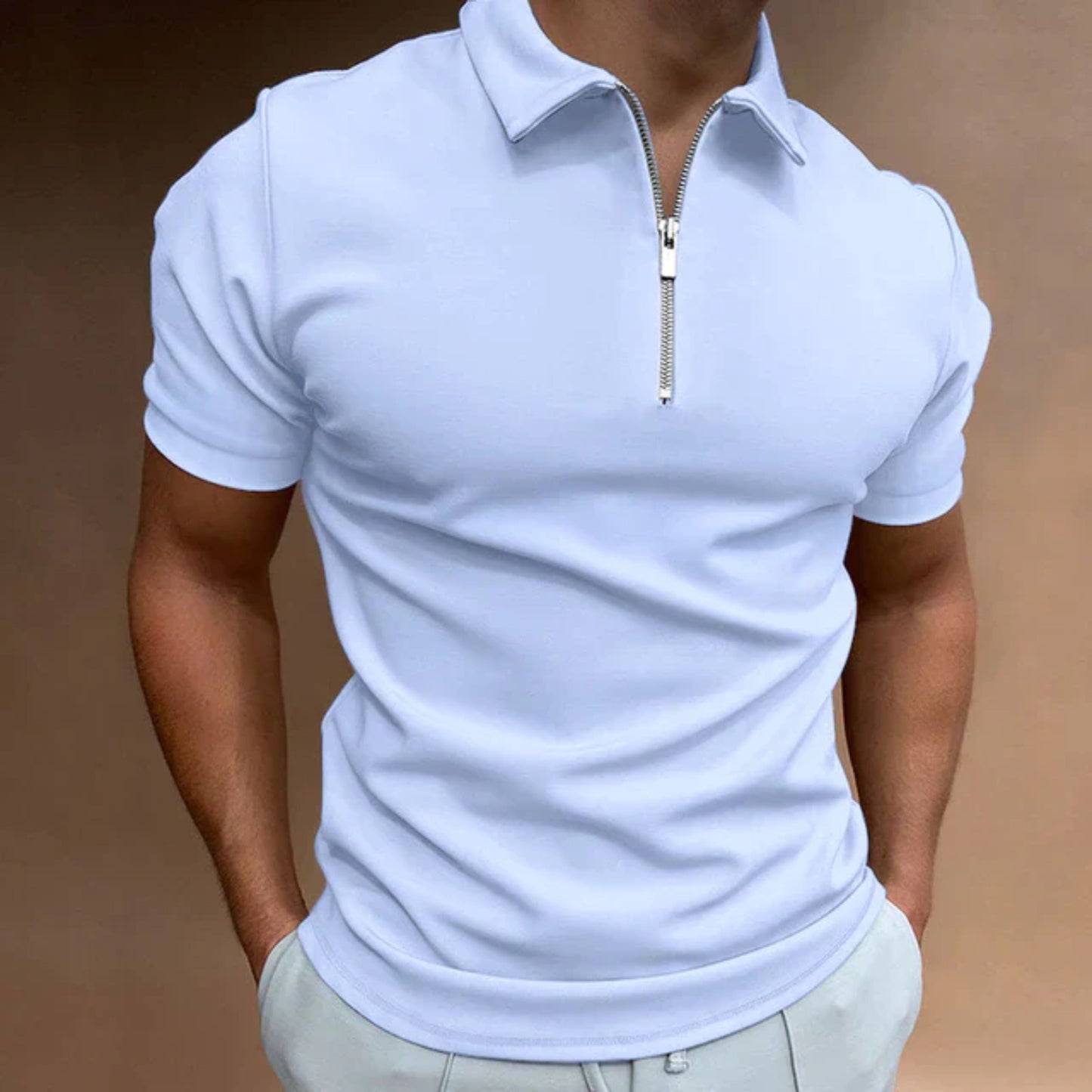 T-shirt met kraag | Kwartronde ritssluiting | Korte mouwen | Poloshirt met rits | Herenpoloshirts-Hallo Susanne