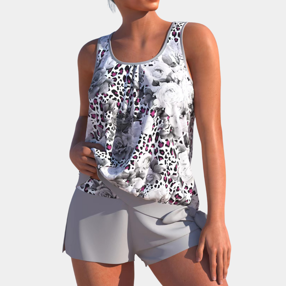 Tankini | Bloemenprint | Losse pasvorm | Zwemshort en top | Dameszwemkleding-Hallo Susanne