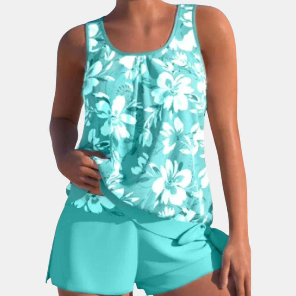 Tankini | Bloemenprint | Losse pasvorm | Zwemshort en top | Dameszwemkleding-Hallo Susanne