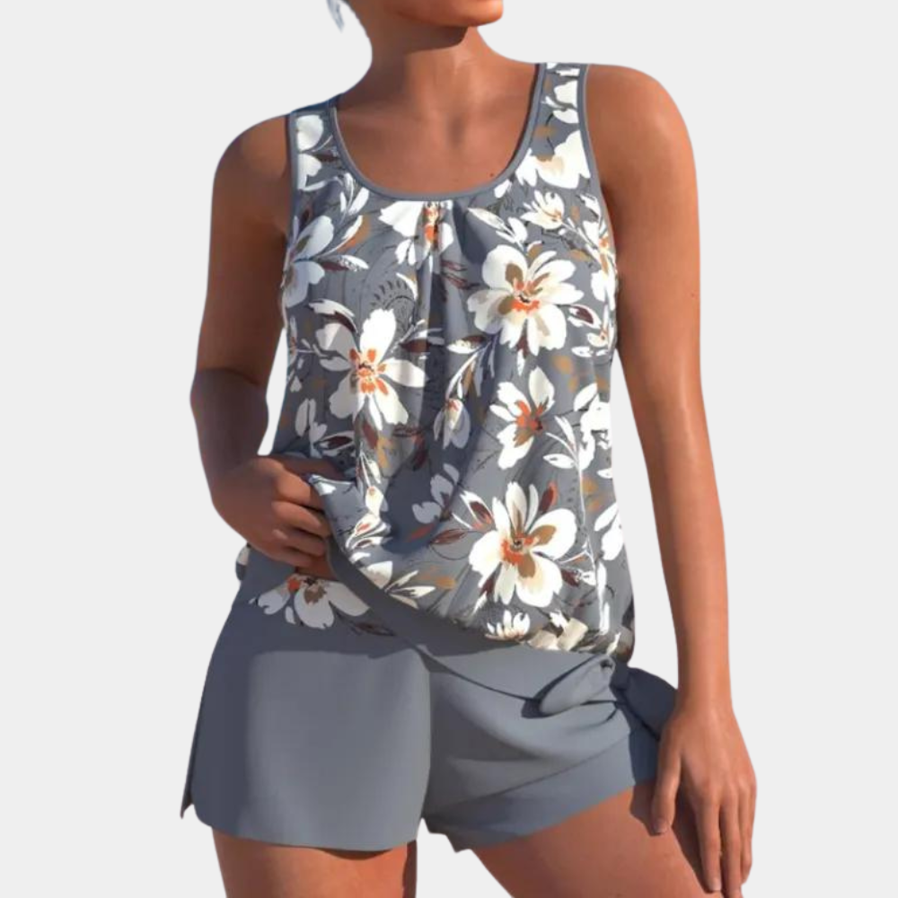 Tankini | Bloemenprint | Losse pasvorm | Zwemshort en top | Dameszwemkleding-Hallo Susanne