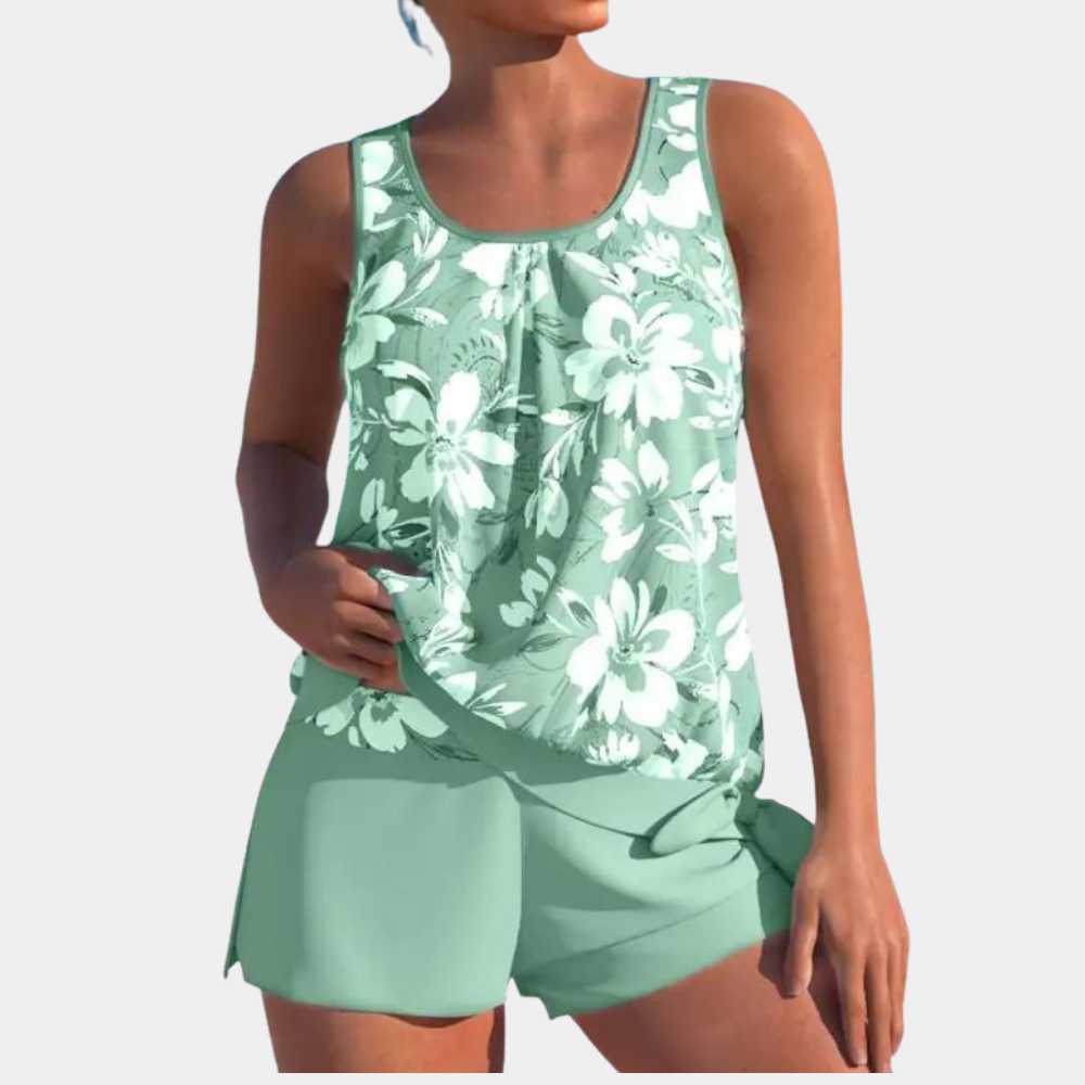 Tankini | Bloemenprint | Losse pasvorm | Zwemshort en top | Dameszwemkleding-Hallo Susanne