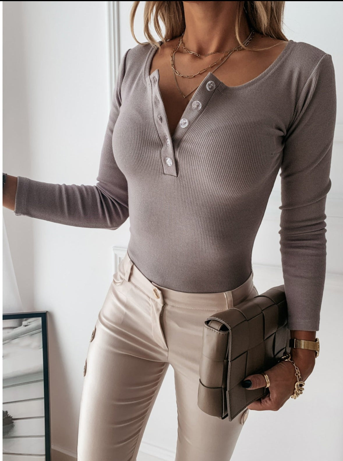 Top met lange mouwen - Geribd - Knoop - T-shirt met lange mouwen - Dameskleding-Hallo Susanne