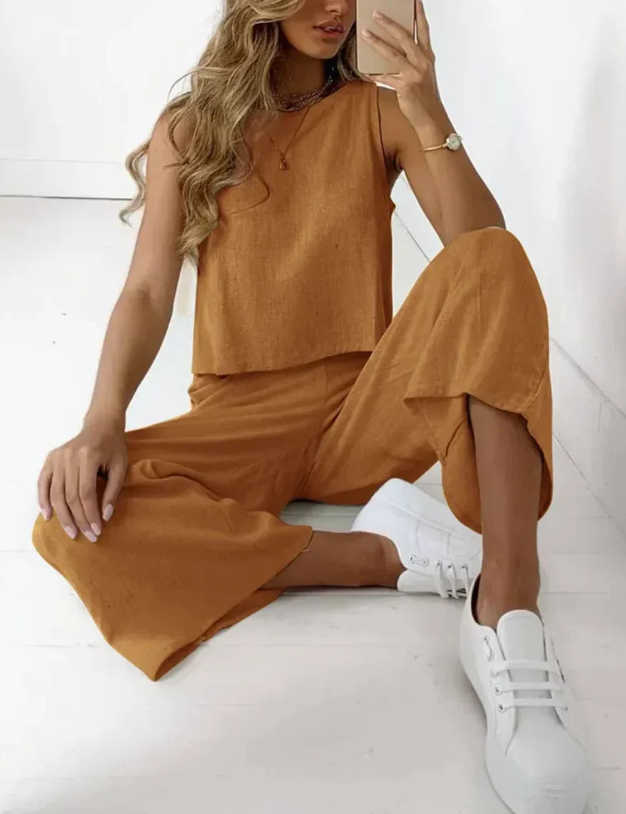 Tweedelige Set | Mouwloos | Wijde pijpen | Bijpassende top en broek | Damescollectie-Hallo Susanne