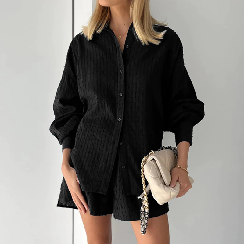 Tweedelige set - Damesblouse met lange mouwen en korte broek voor de zomer-Hallo Susanne