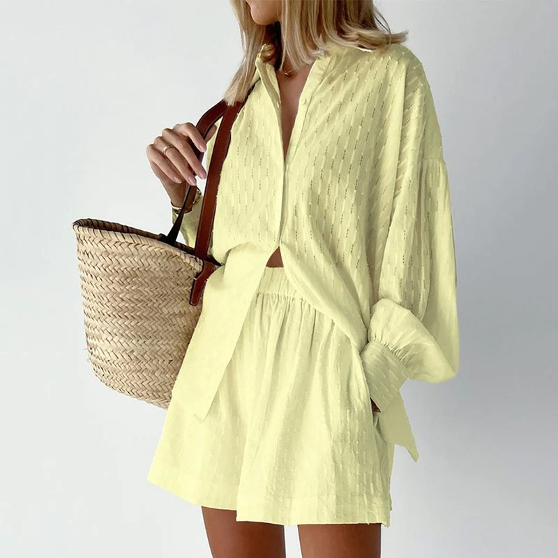 Tweedelige set - Damesblouse met lange mouwen en korte broek voor de zomer-Hallo Susanne