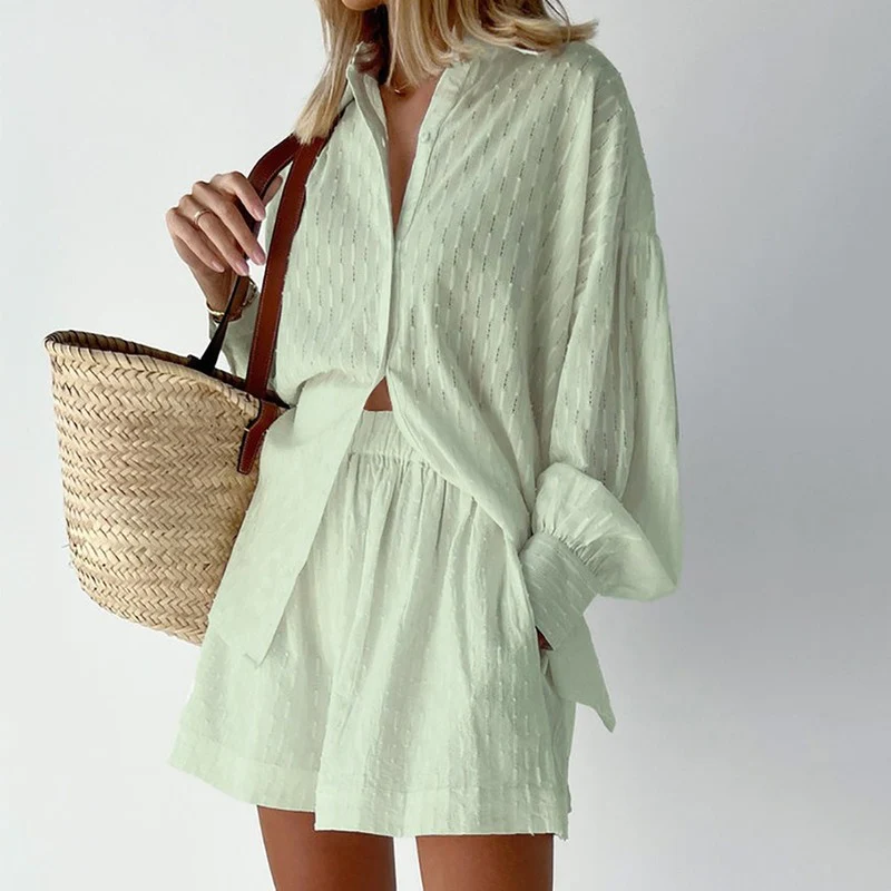 Tweedelige set - Damesblouse met lange mouwen en korte broek voor de zomer-Hallo Susanne