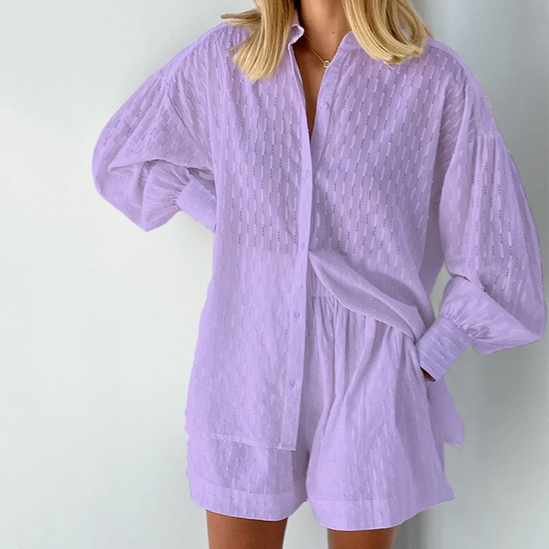 Tweedelige set - Damesblouse met lange mouwen en korte broek voor de zomer-Hallo Susanne