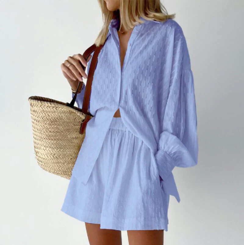 Tweedelige set - Damesblouse met lange mouwen en korte broek voor de zomer-Hallo Susanne