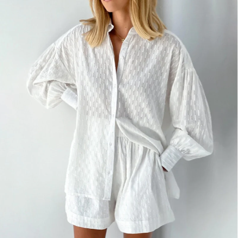 Tweedelige set - Damesblouse met lange mouwen en korte broek voor de zomer-Hallo Susanne
