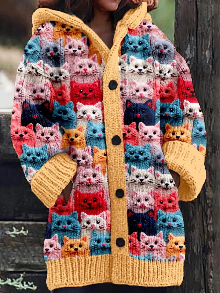 Vestjas - Warme damescardigan met lange gebreide kattenprint-Hallo Susanne