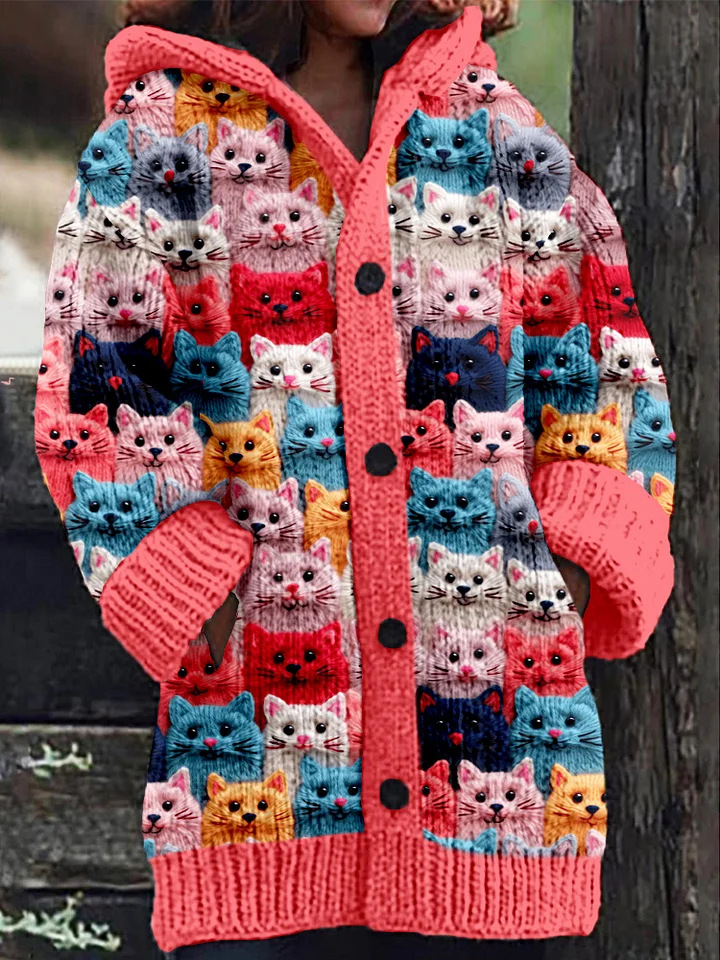 Vestjas - Warme damescardigan met lange gebreide kattenprint-Hallo Susanne
