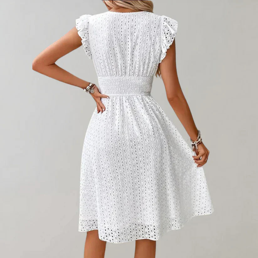 Witte jurk | V-hals | Mouwloos | Oogjesjurk | Zomerjurk-Hallo Susanne
