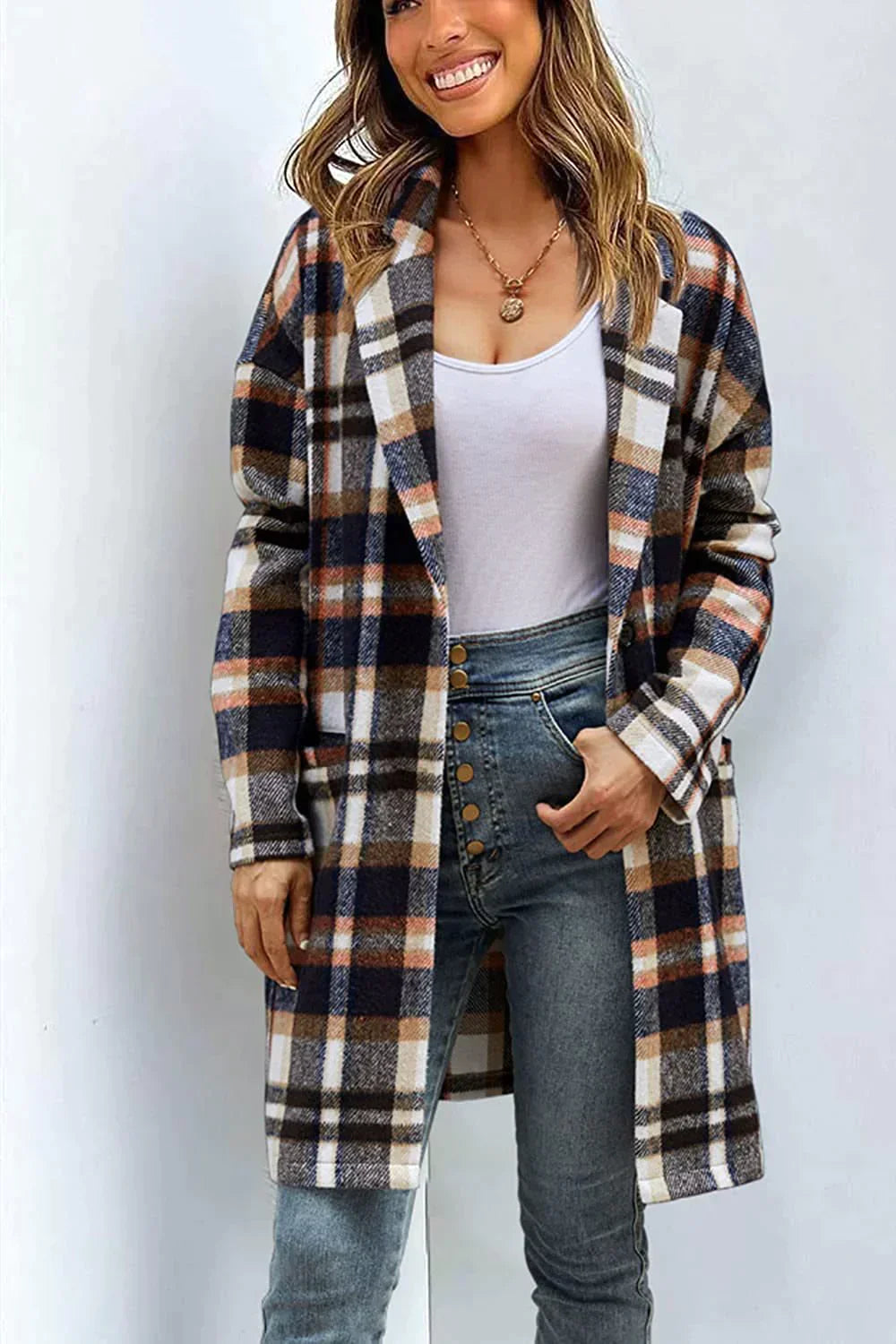 Wollen Jas - Dames halflange geruite trenchcoat met enkele knoopsluiting-Hallo Susanne
