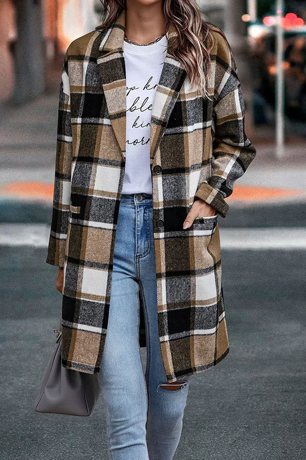 Wollen Jas - Dames halflange geruite trenchcoat met enkele knoopsluiting-Hallo Susanne