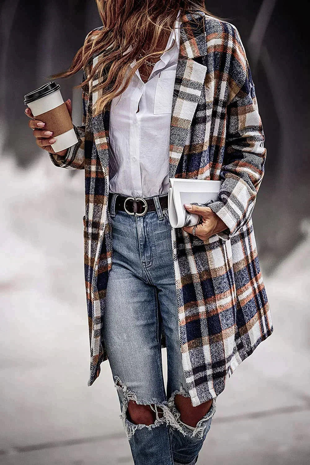Wollen Jas - Dames halflange geruite trenchcoat met enkele knoopsluiting-Hallo Susanne