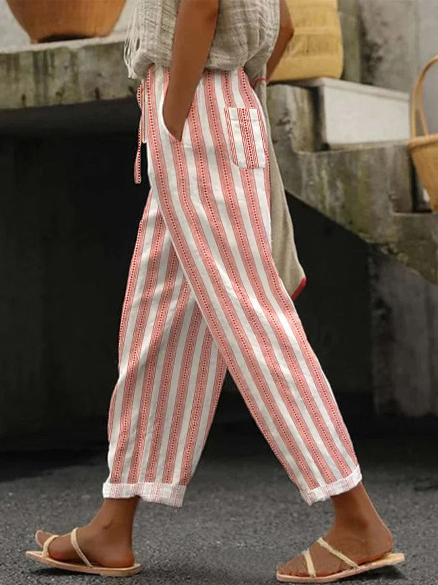 Zomerbroek - Gestreepte, elastische taillebroek met losse pasvorm voor dames-Hallo Susanne