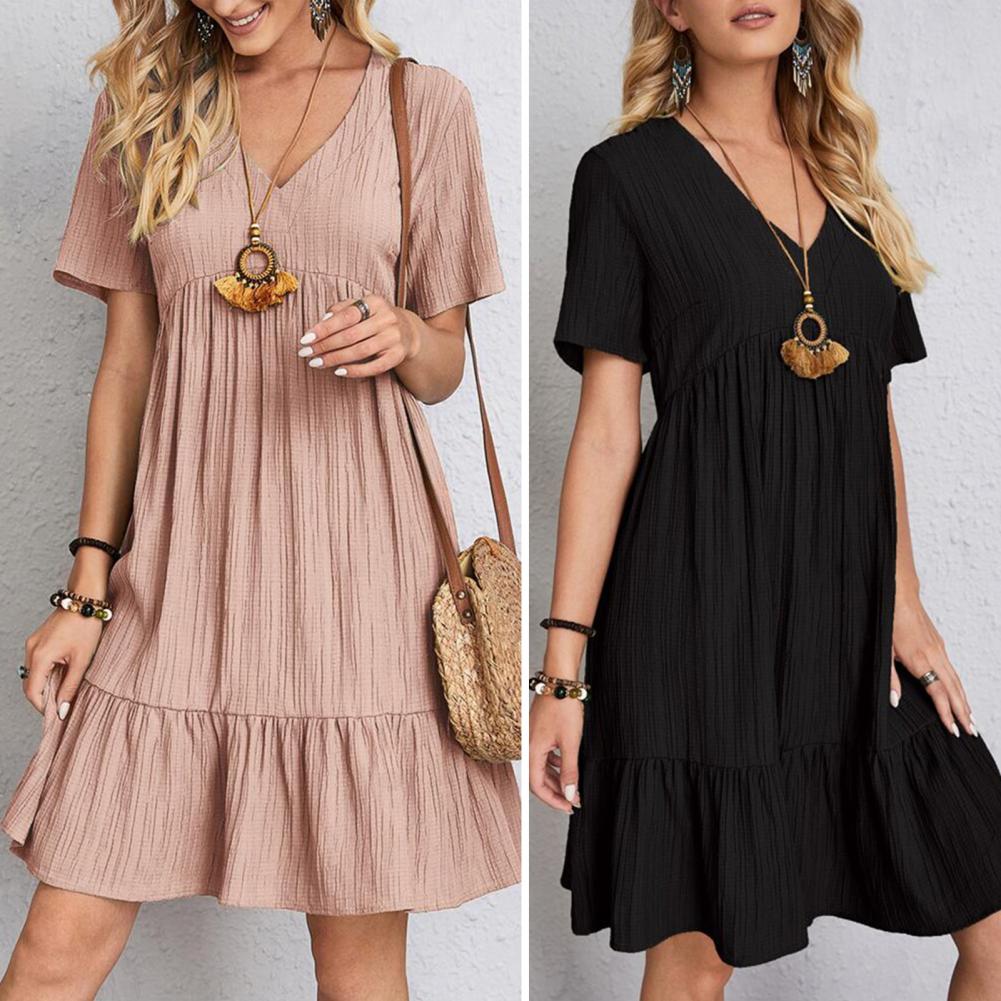 Zomerjurk | Korte Mouw | Los Fit | Geplooide Jurk | Knielengte Jurk-Hallo Susanne