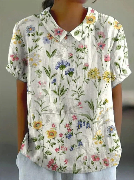 Bloemen Blouse - Losjes Fit - Halve Mouw - Gekraagde Blouse - Dameshemd-Hallo Susanne