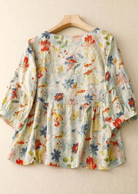 Bloemenblouse - Dameshemd met lange mouwen en losse knoopsluiting van linnen-Hallo Susanne