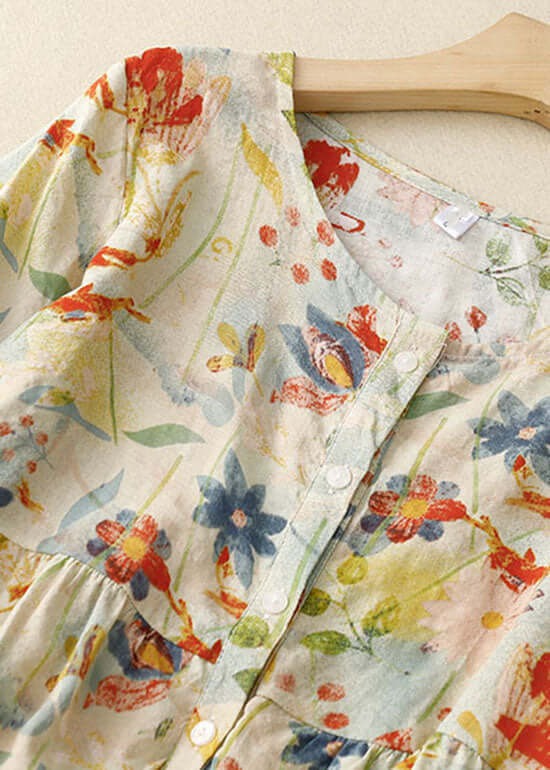 Bloemenblouse - Dameshemd met lange mouwen en losse knoopsluiting van linnen-Hallo Susanne