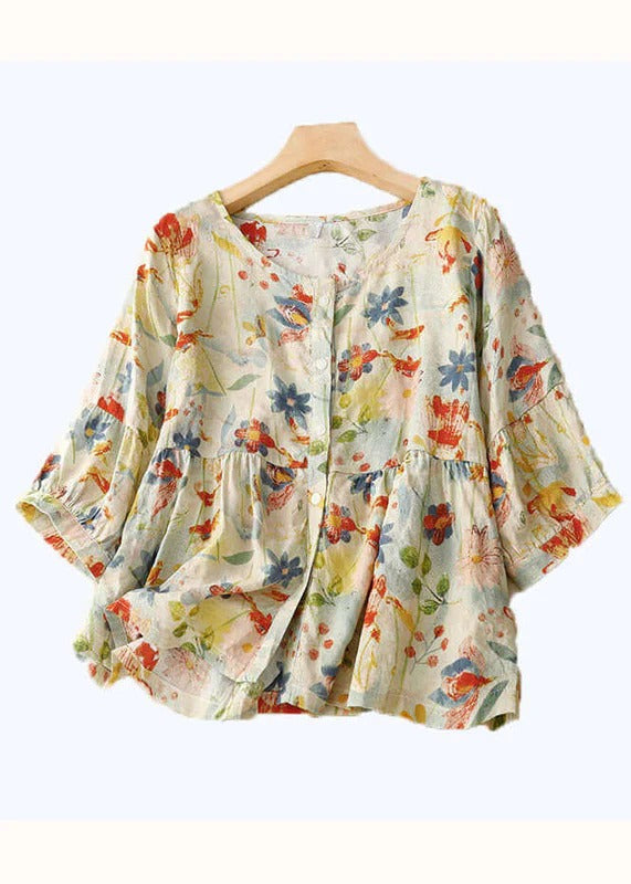 Bloemenblouse - Dameshemd met lange mouwen en losse knoopsluiting van linnen-Hallo Susanne