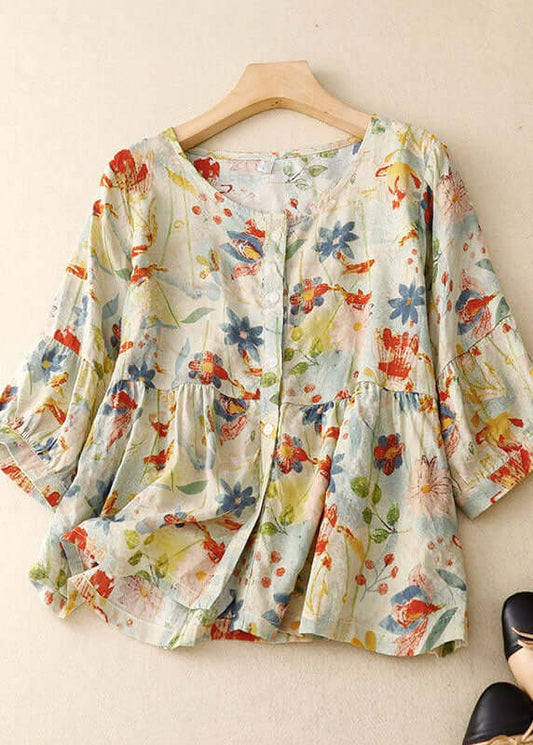 Bloemenblouse - Dameshemd met lange mouwen en losse knoopsluiting van linnen-Hallo Susanne