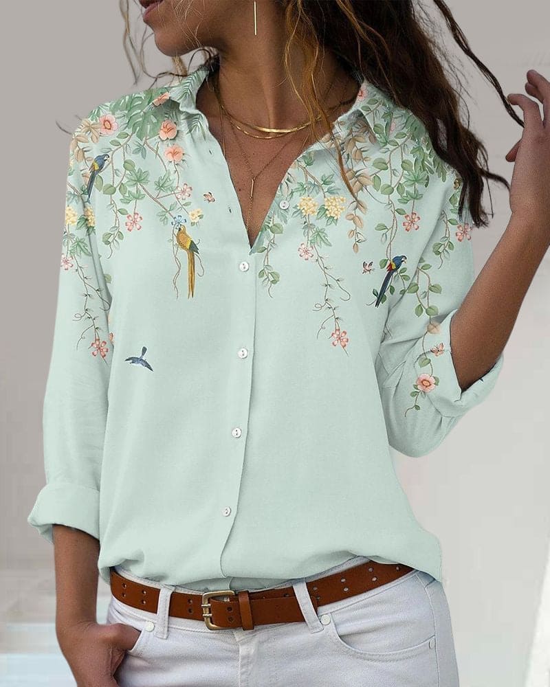 Bloemenblouse - Lange mouwen - Kraag - Knoopsluiting - Damesoverhemd-Hallo Susanne
