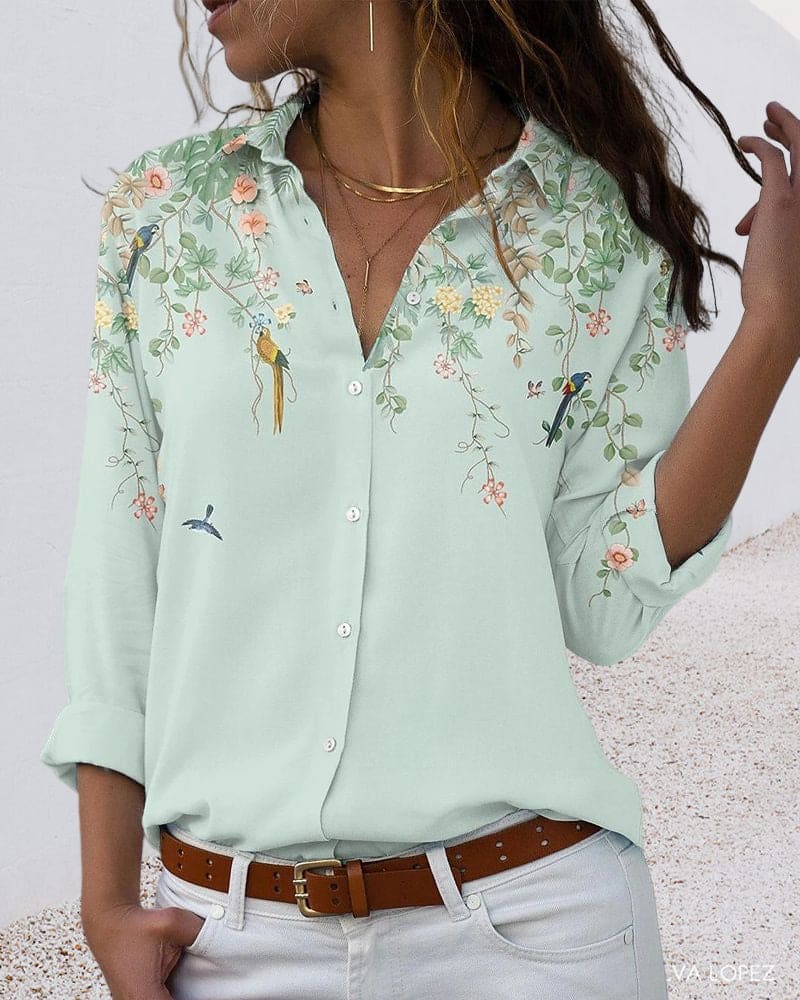 Bloemenblouse - Lange mouwen - Kraag - Knoopsluiting - Damesoverhemd-Hallo Susanne