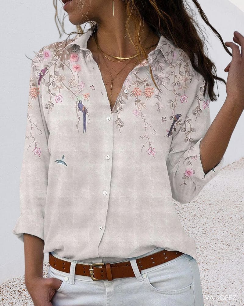 Bloemenblouse - Lange mouwen - Kraag - Knoopsluiting - Damesoverhemd-Hallo Susanne