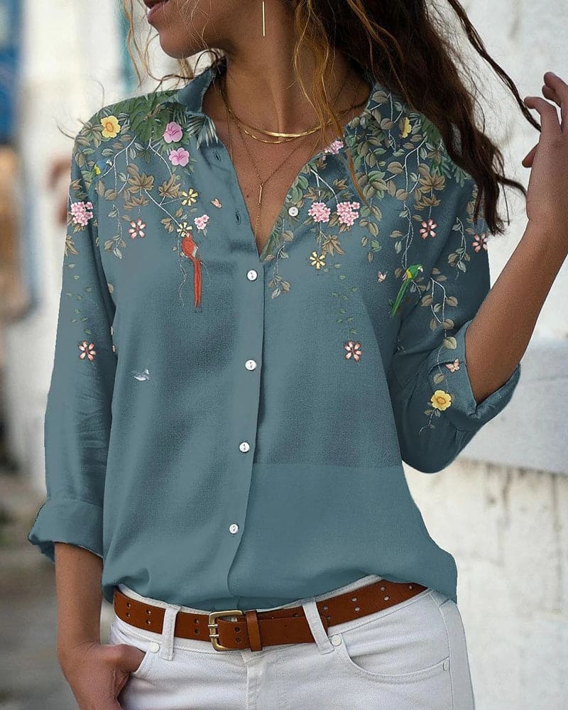Bloemenblouse - Lange mouwen - Kraag - Knoopsluiting - Damesoverhemd-Hallo Susanne