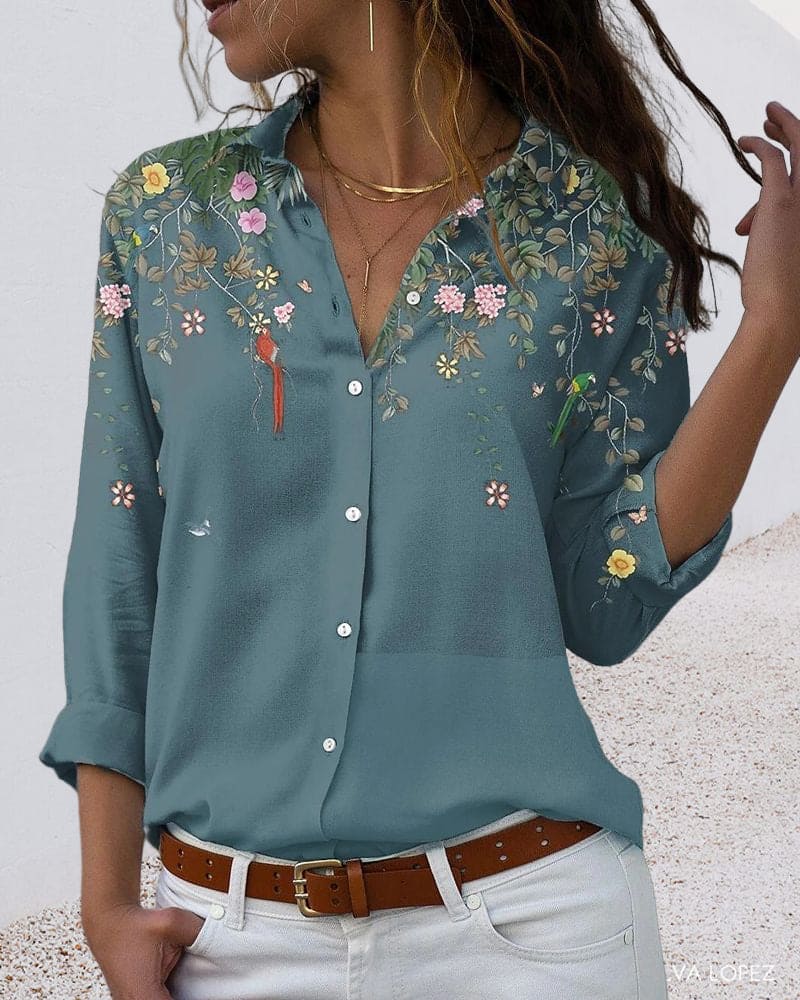Bloemenblouse - Lange mouwen - Kraag - Knoopsluiting - Damesoverhemd-Hallo Susanne