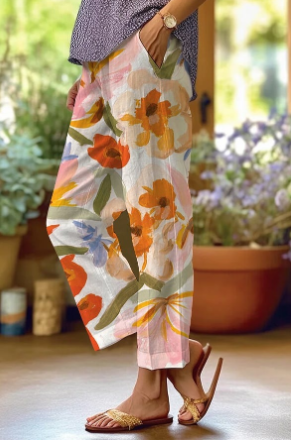 Bloemenbroek - Linnen damesbroek met losse pasvorm voor de zomer-Hallo Susanne
